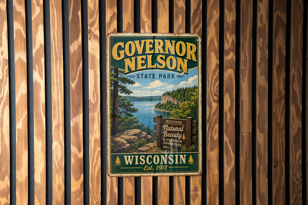 A vintage-style metal sign for Governor Nelson State Park in Wisconsin, featuring a scenic landscape with a lake and mountains.