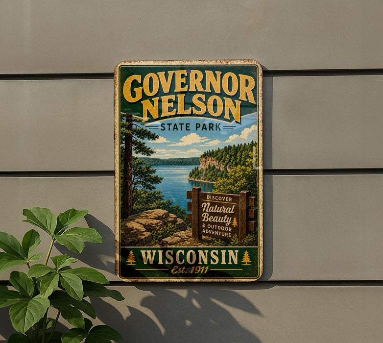 A vintage-style metal sign for Governor Nelson State Park in Wisconsin, featuring a scenic landscape with a lake and mountains.