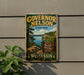 A vintage-style metal sign for Governor Nelson State Park in Wisconsin, featuring a scenic landscape with a lake and mountains.