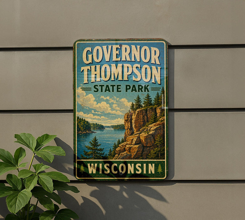 A vintage-style metal sign for Governor Thompson State Park in Wisconsin, featuring a scenic landscape with a lake and mountains.
