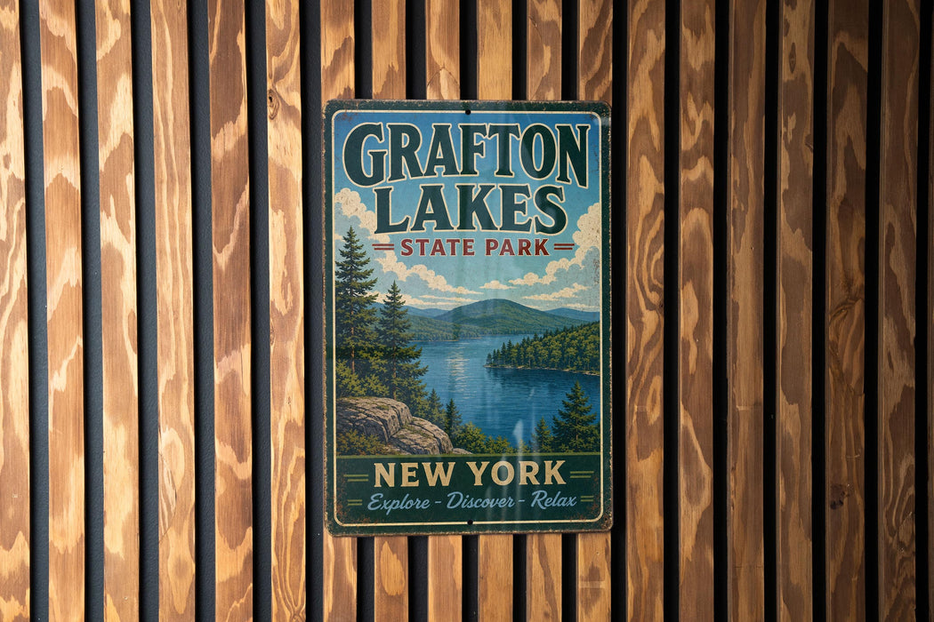 A vintage-style metal sign for Grafton Lakes State Park, featuring a scenic landscape with a lake and mountains, mounted on a wooden wall.