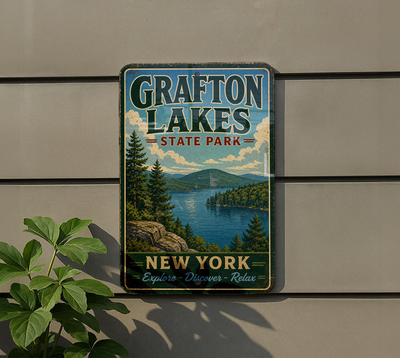 A vintage-style metal sign for Grafton Lakes State Park, featuring a scenic landscape with pine trees, a lake, and mountains in the background.