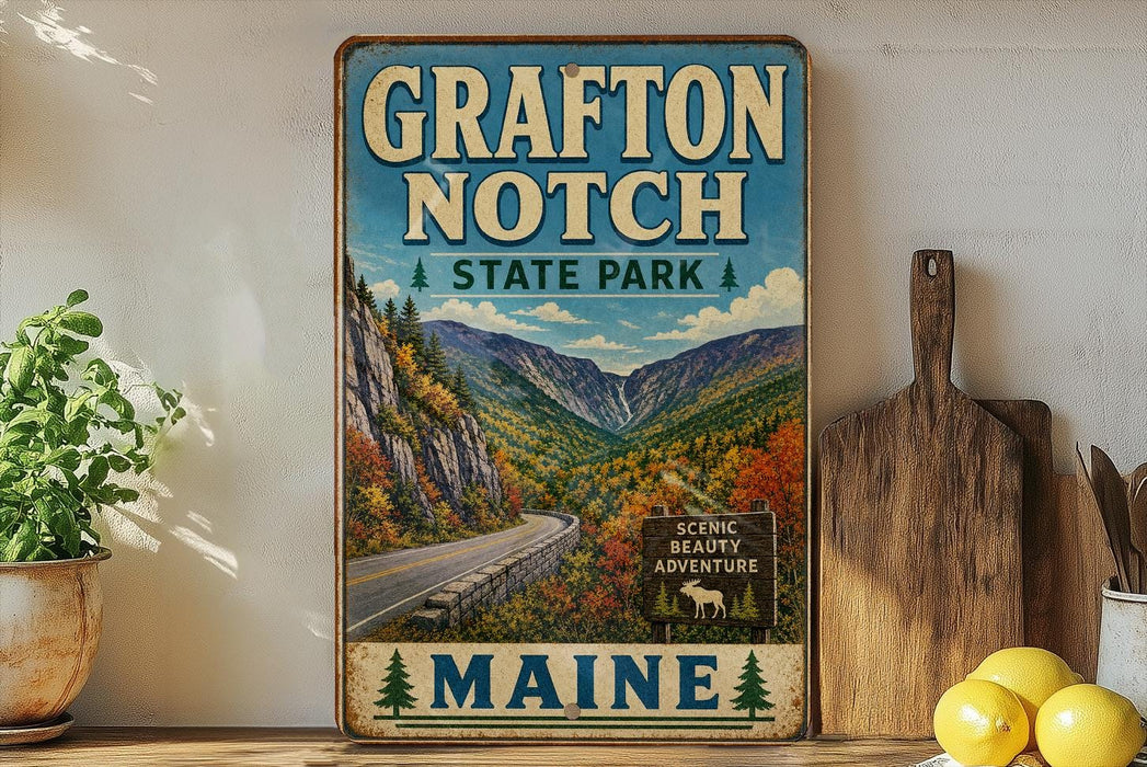 A vintage-style sign for Grafton Notch State Park in Maine, featuring a scenic mountain landscape with a winding road and pine trees.