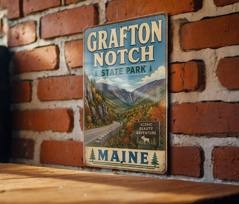 A vintage metal sign for the state park called "Grafton Notch" in Maine, featuring a scenic mountain landscape.
