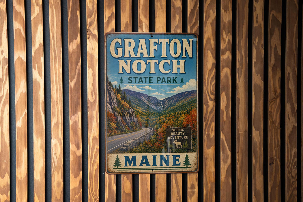 A vintage metal sign for Grafton Notch State Park in Maine, featuring a scenic mountain landscape.