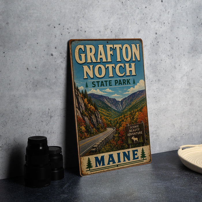 A vintage metal sign for Grafton Notch State Park in Maine, featuring a scenic mountain landscape.