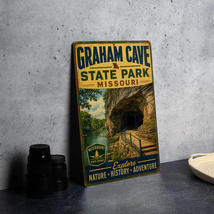 A vintage metal sign for Graham Cave State Park in Missouri, featuring a scenic image of the cave and a trail leading to the entrance.
