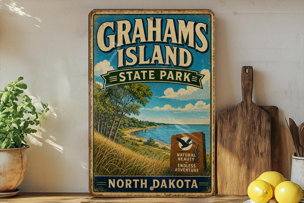 A vintage-style sign for Grahams Island State Park in North Dakota, featuring a scenic landscape with a lake and trees.