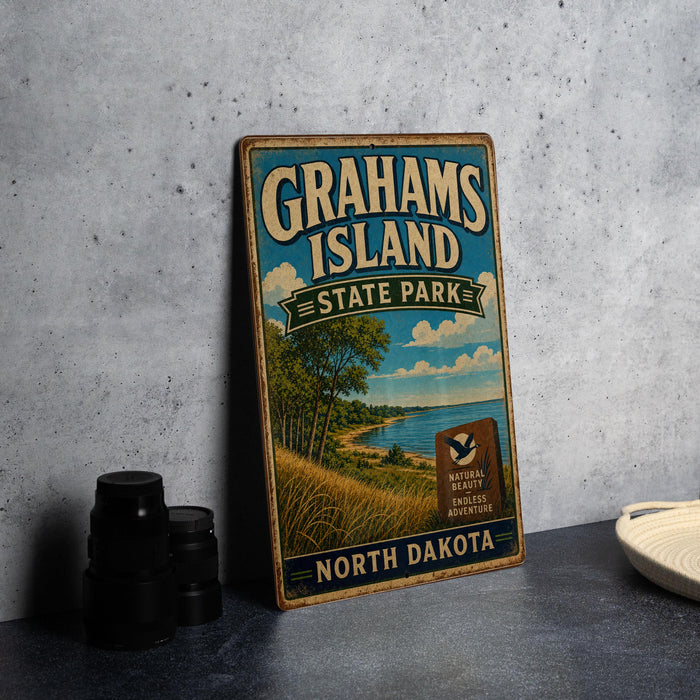 A vintage-style metal sign for Grahams Island State Park in North Dakota, featuring a scenic landscape with trees, grass, and a body of water.