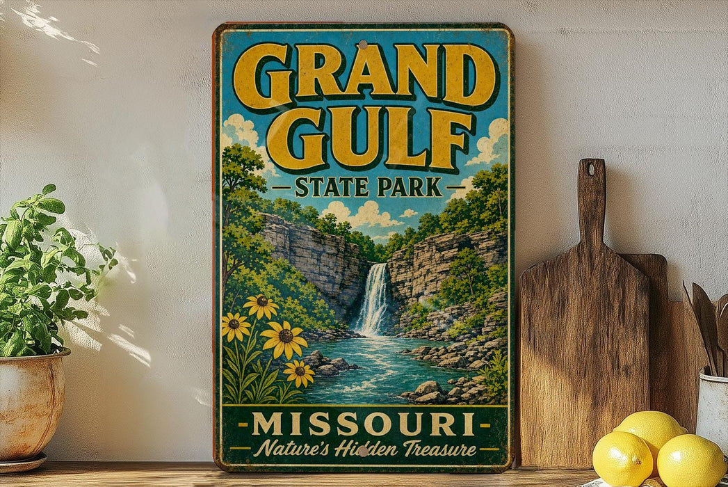 A vintage-style sign for Grand Gulf State Park in Missouri, featuring a waterfall and lush greenery, is displayed on a shelf next to a wooden cutting board and some potted plants.