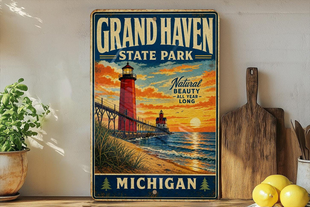 A vintage-style metal sign for Grand Haven State Park in Michigan, featuring a lighthouse and a sunset over the ocean.