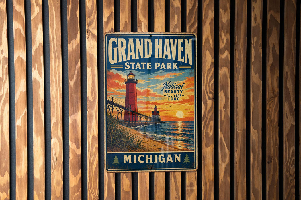A vintage-style metal sign for Grand Haven State Park in Michigan, featuring a lighthouse and a sunset over the ocean.