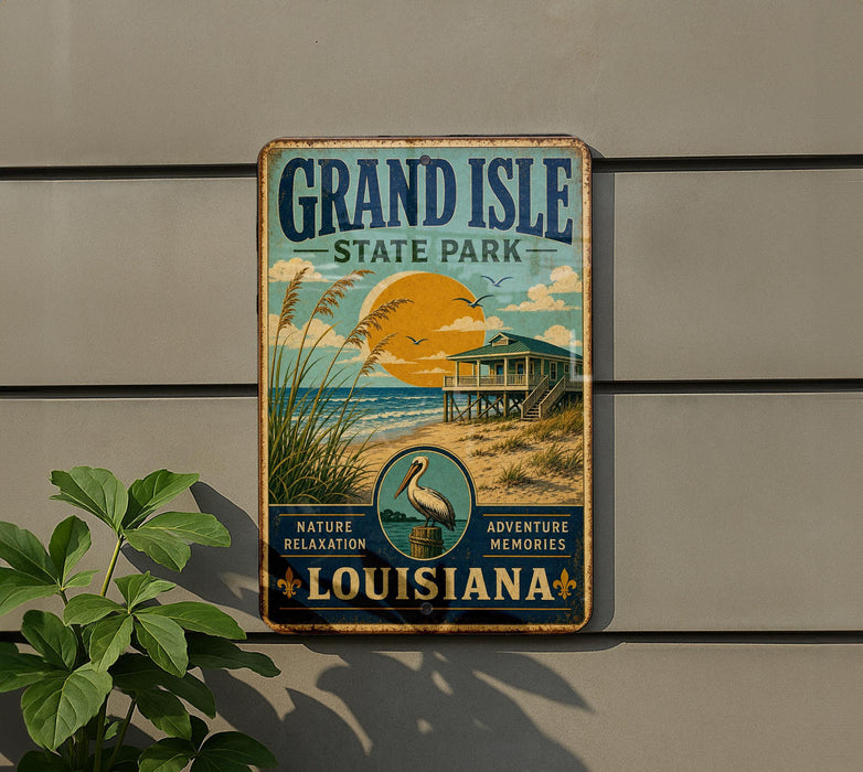 A vintage-style metal sign for Grand Isle State Park in Louisiana, featuring a beach scene with a house and palm trees.
