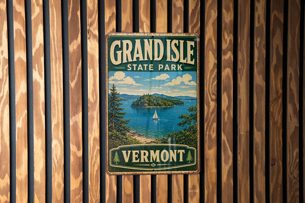 A vintage-style metal sign for Grand Isle State Park in Vermont, featuring a scenic landscape with a sailboat on the water.