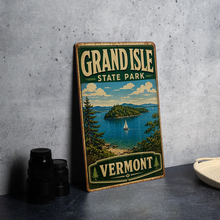 A vintage-style sign for Grand Isle State Park in Vermont, featuring a scenic image of the island and its surroundings.