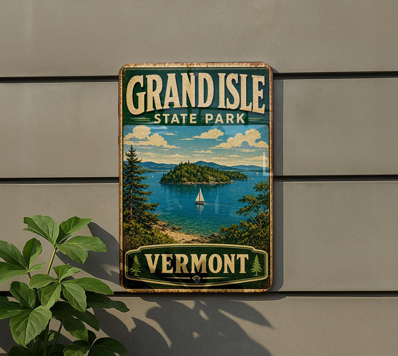 A vintage-style sign for Grand Isle State Park in Vermont, featuring a scenic image of the island and its surrounding waters.