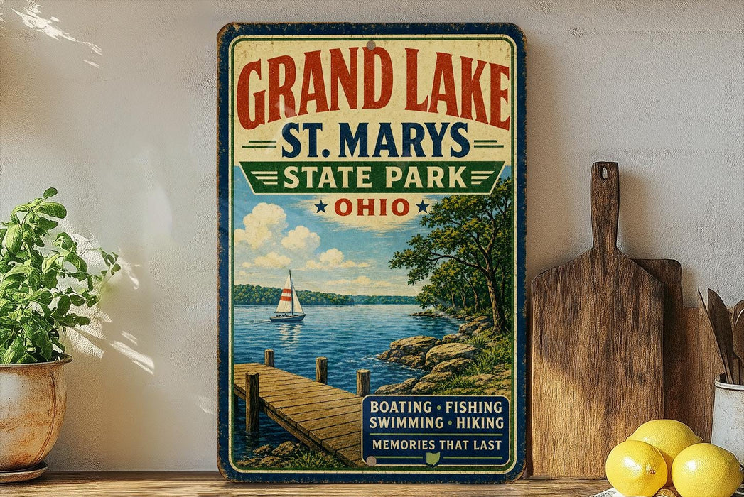 A vintage-style sign for Grand Lake State Park, featuring a scenic image of a lake, dock, and sailboat, along with the text "Grand Lake State Park, Ohio" and "Boating, Fishing, Swimming, Hiking, Memories that Last".