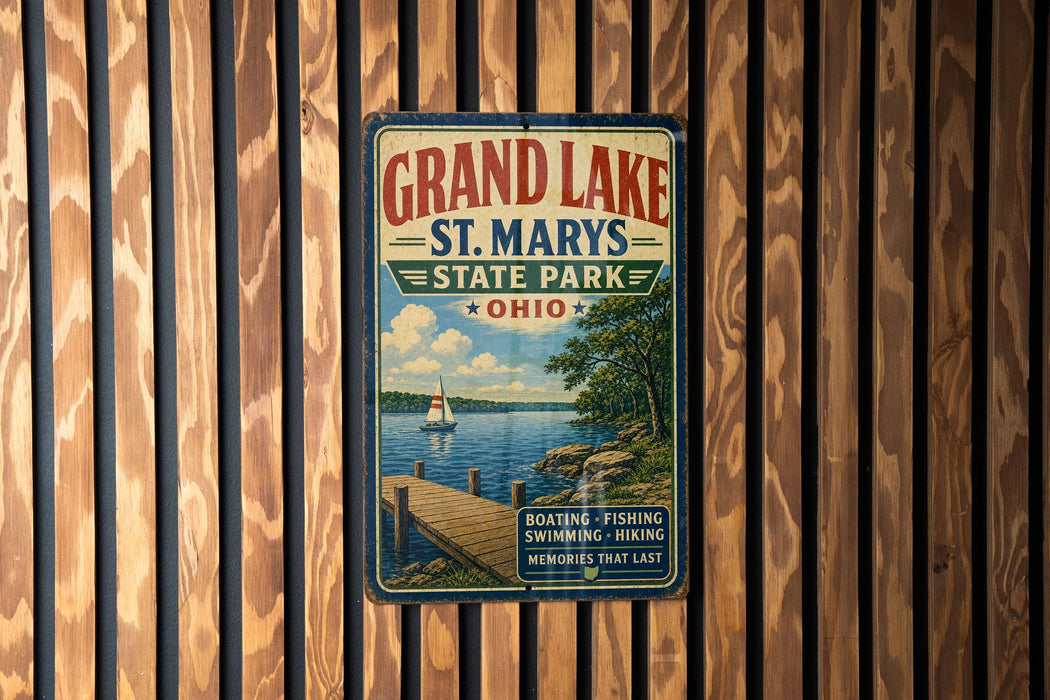 A vintage-style metal sign for Grand Lake State Park in Ohio, featuring a scenic image of a lake, dock, and boat.