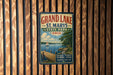 A vintage-style metal sign for Grand Lake State Park in Ohio, featuring a scenic image of a lake, dock, and boat.