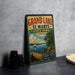 A vintage-style sign for Grand Lake State Park in Ohio, featuring a scenic image of a lake with a sailboat and dock.