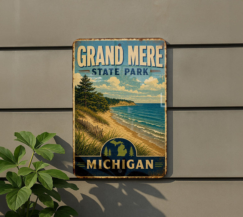 A vintage-style sign for Grand Mere State Park in Michigan, featuring a scenic beach landscape with pine trees and a blue sky with clouds.