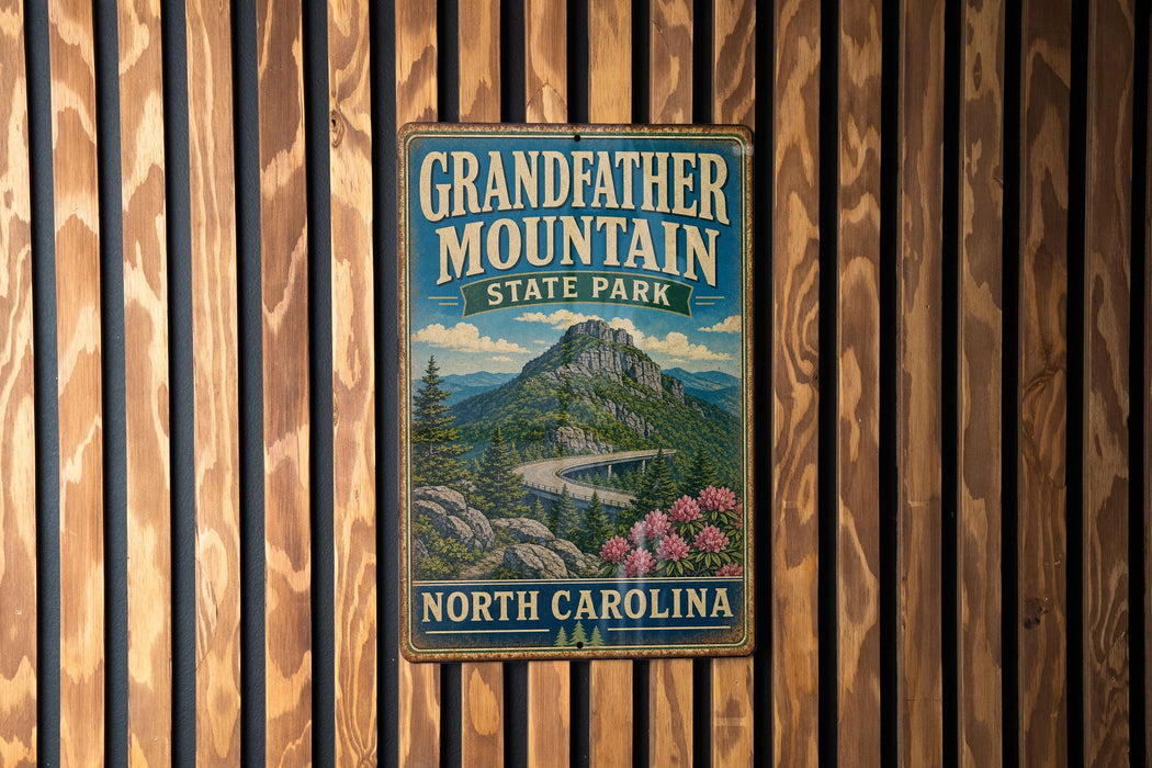 A vintage metal sign for Grandfather Mountain State Park in North Carolina, featuring a scenic mountain landscape with a winding road and pink flowers.