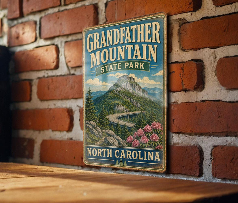 A vintage-style metal sign for Grandfather Mountain State Park in North Carolina, featuring a scenic mountain landscape with a winding road and pink flowers.