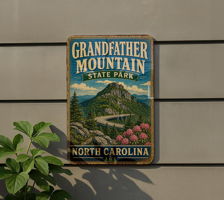 A vintage-style sign for Grandfather Mountain State Park in North Carolina, featuring a scenic mountain landscape with a winding road and pink flowers.