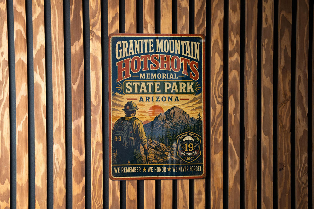 A vintage-style metal sign for Granite Mountain Hotshots Memorial State Park in Arizona, featuring a firefighter silhouette and a mountain landscape.