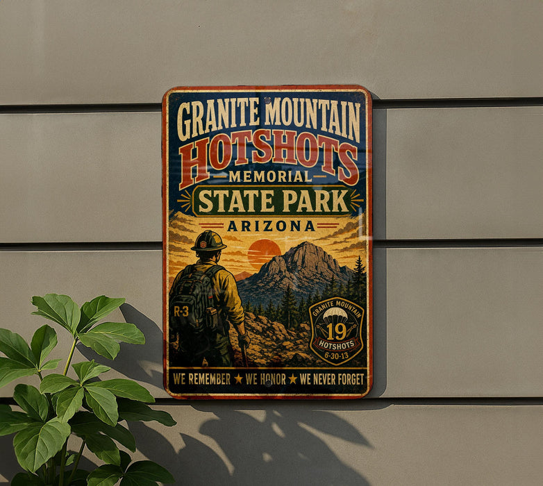 A vintage-style metal sign for the Granite Mountain Hotshots Memorial State Park in Arizona, featuring a firefighter silhouette and a mountain landscape.