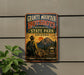 A vintage-style metal sign for the Granite Mountain Hotshots Memorial State Park in Arizona, featuring a firefighter silhouette and a mountain landscape.