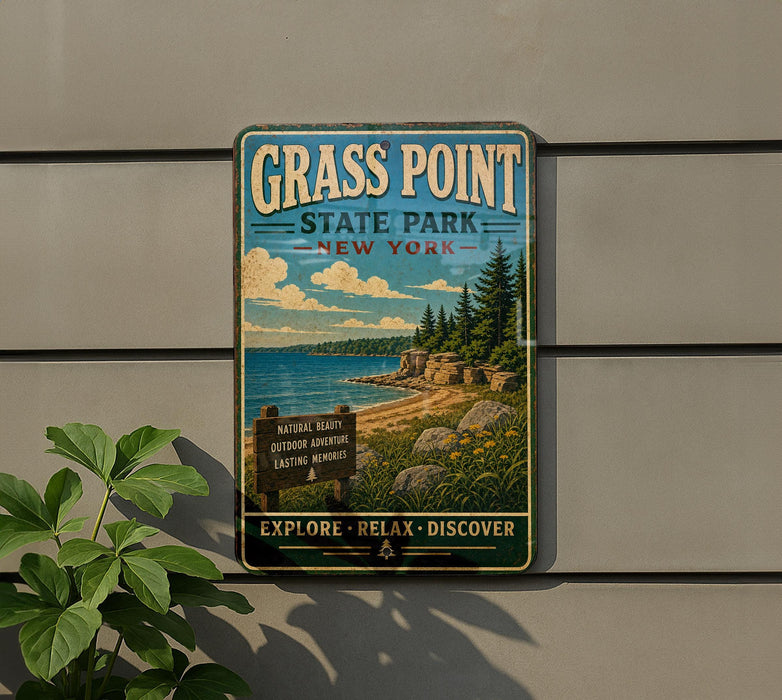 A vintage-style sign for Grass Point State Park in New York, featuring a scenic landscape with pine trees, a beach, and a rocky outcropping.
