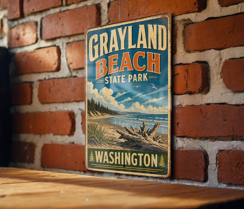 A vintage-style metal sign for Grayland Beach State Park in Washington, featuring a scenic illustration of the beach and surrounding landscape.