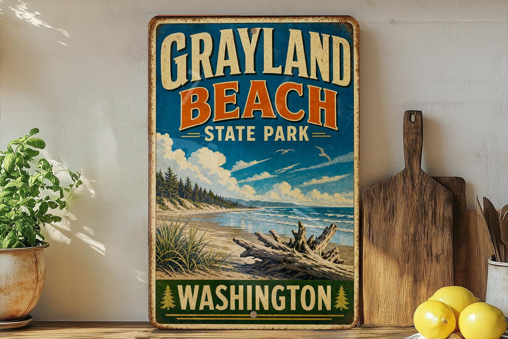 A vintage-style sign for Grayland Beach State Park in Washington, featuring a scenic landscape with a beach, mountains, and a clear blue sky.