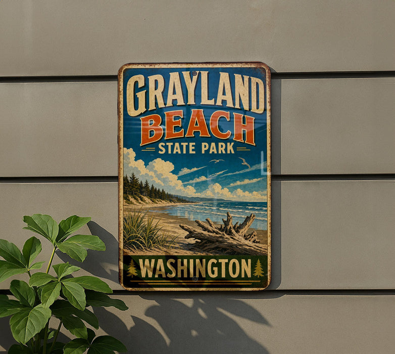 A vintage-style metal sign for Grayland Beach State Park in Washington, featuring a scenic landscape with a beach, mountains, and a cloudy sky.