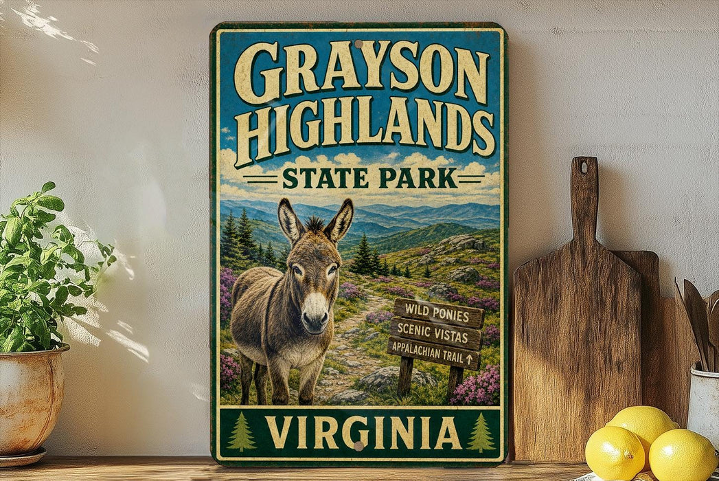 A vintage-style metal sign for Grayson Highlands State Park in Virginia, featuring a donkey and a scenic mountain landscape.