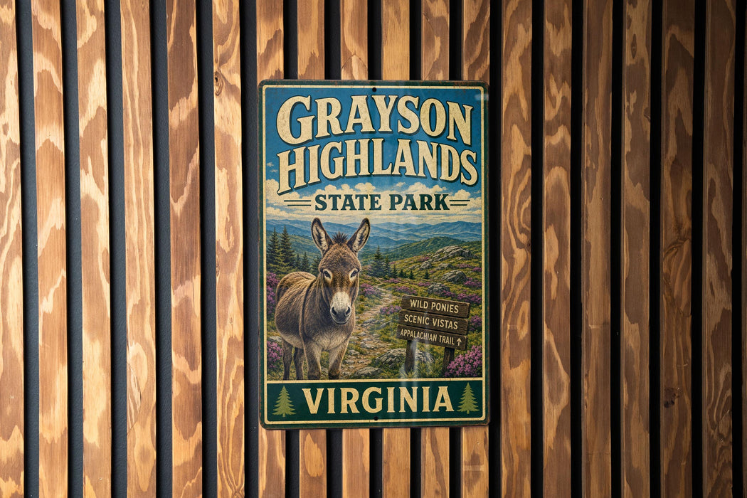 A vintage-style metal sign for Grayson Highlands State Park in Virginia, featuring an illustration of a donkey in a mountainous landscape.