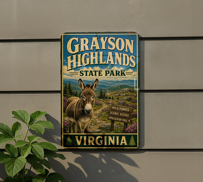 A vintage-style metal sign for Grayson Highlands State Park in Virginia, featuring a donkey and a scenic landscape.