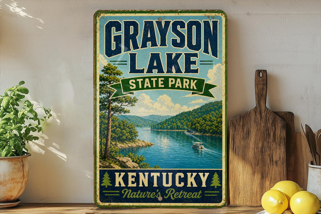 A vintage-style sign for Grayson Lake State Park in Kentucky, featuring a scenic image of a lake surrounded by mountains and trees.