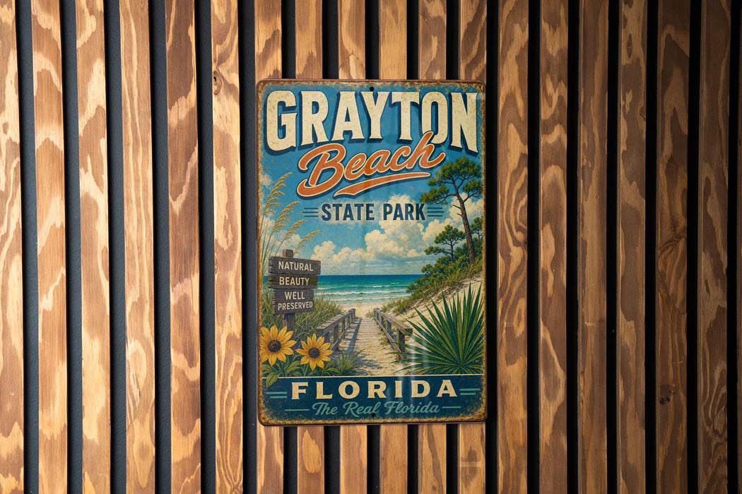 A vintage-style metal sign for Grayton Beach State Park in Florida, featuring a beach scene with palm trees and a path leading to the beach.