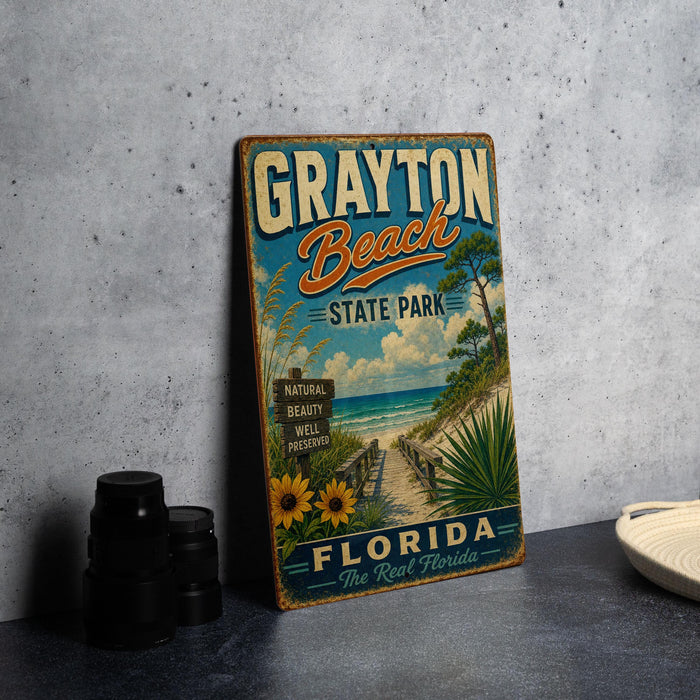 A vintage-style sign for Grayton Beach State Park in Florida, featuring a beach scene with palm trees and a path leading to the beach.
