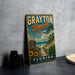 A vintage-style sign for Grayton Beach State Park in Florida, featuring a beach scene with palm trees and a path leading to the beach.