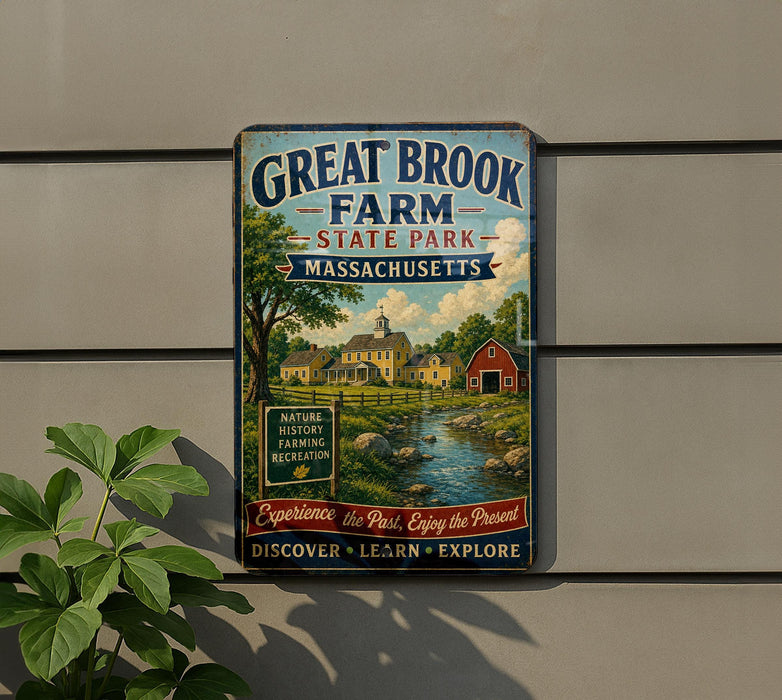A vintage metal sign for Great Brook Farm State Park in Massachusetts, featuring a scenic illustration of a farm and a stream.