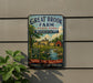 A vintage metal sign for Great Brook Farm State Park in Massachusetts, featuring a scenic illustration of a farm and a stream.