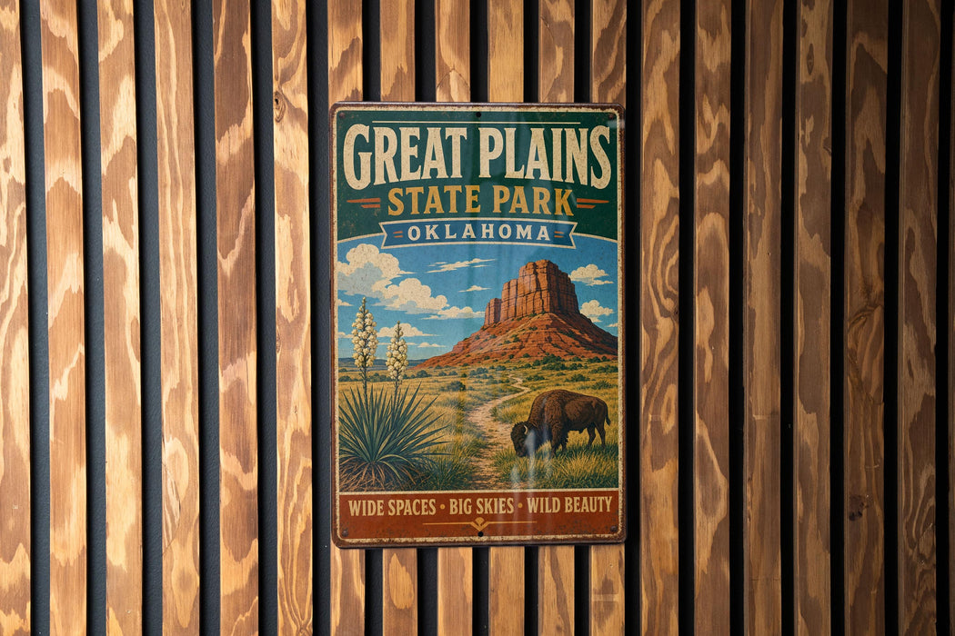 A vintage-style metal sign for Great Plains State Park in Oklahoma, featuring a scenic illustration of a mountain, desert landscape, and wildlife.