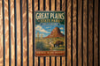 A vintage-style metal sign for Great Plains State Park in Oklahoma, featuring a scenic illustration of a mountain, desert landscape, and wildlife.