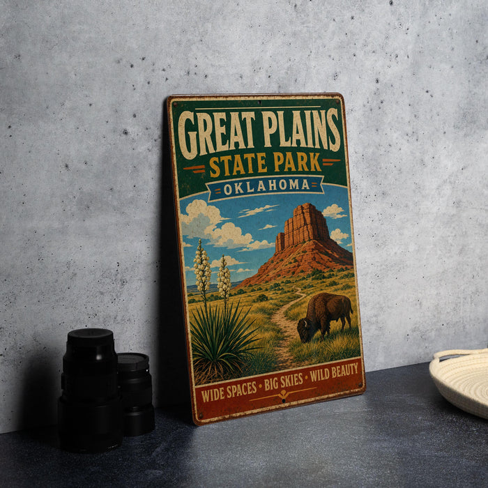 A vintage-style metal sign for Great Plains State Park in Oklahoma, featuring an illustration of a buffalo grazing in a desert landscape with a mountain in the background.