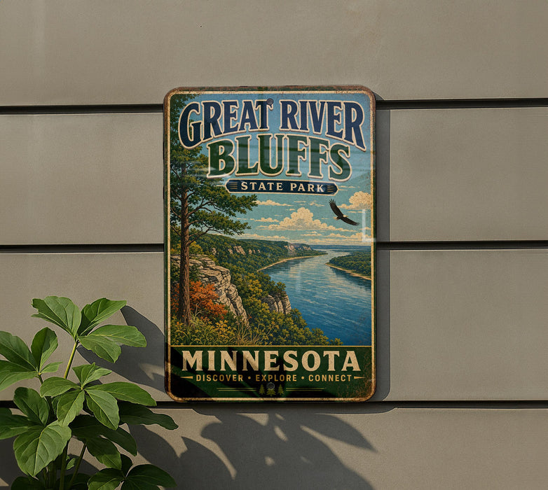A vintage-style metal sign for Great River Bluffs State Park in Minnesota, featuring a scenic landscape with a river, mountains, and a bird in flight.