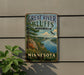 A vintage-style metal sign for Great River Bluffs State Park in Minnesota, featuring a scenic landscape with a river, mountains, and a bird in flight.