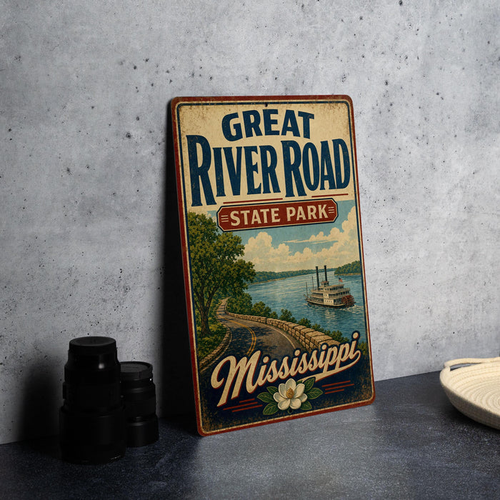 A vintage-style metal sign for the Great River Road State Park in Mississippi, featuring a scenic illustration of a river, trees, and a steamboat.